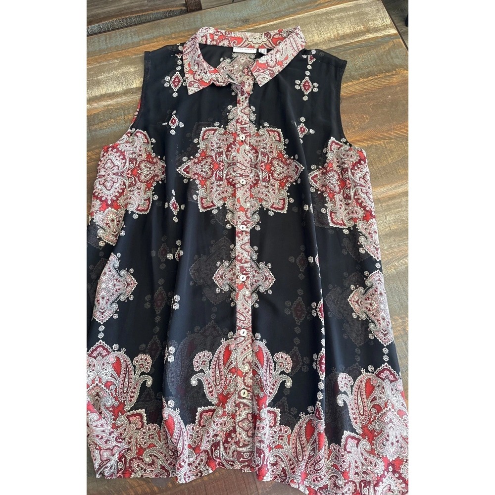 Susan Graver Women's Sleeveless Collared Button Black Floral Paisley Size 2X